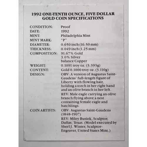 1992-P Proof 1/10 oz $5 Gold Eagle w US Mint OGP - Box & COA