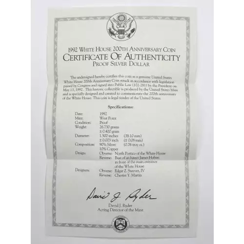 1992-W White House 200th Anniversary Proof Silver Dollar w US Mint OGP Box & COA (4)