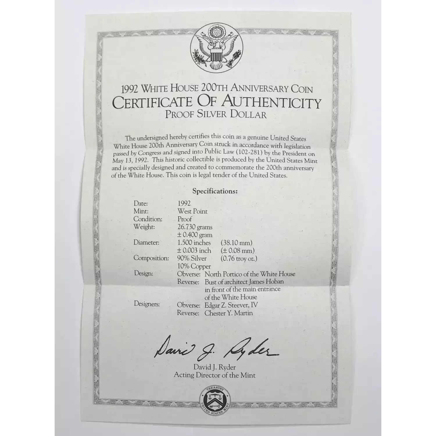 1992-W White House 200th Anniversary Proof Silver Dollar w US Mint OGP Box & COA