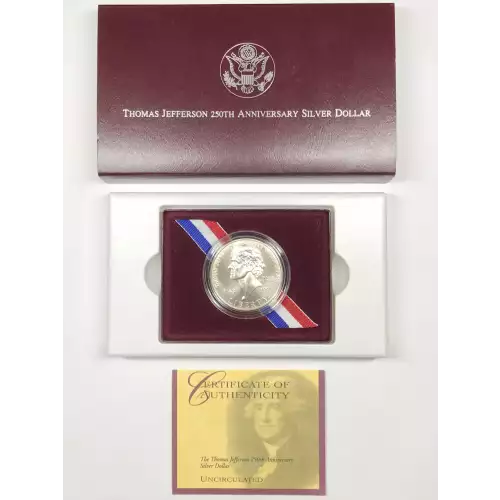 1993-P Thomas Jefferson 250th Anniversary Uncirculated Silver Dollar w Box & COA