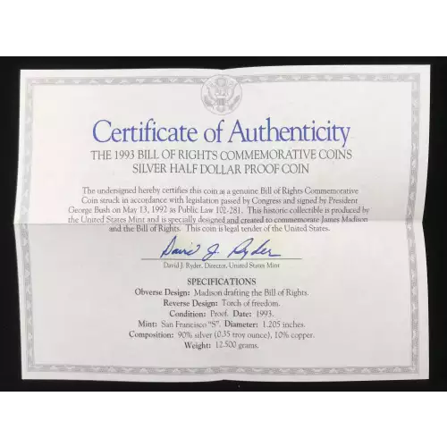 1993-S Bill of Rights James Madison Proof Silver Half Dollar w US Mint Box & COA (4)