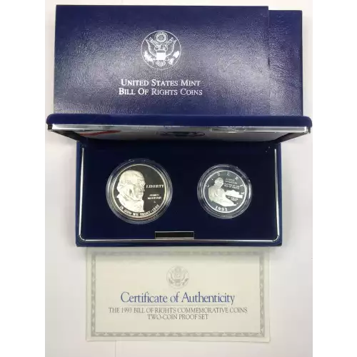 1993-S Bill of Rights Two-Coin Proof Set Silver Dollar & Half US Mint Box & COA