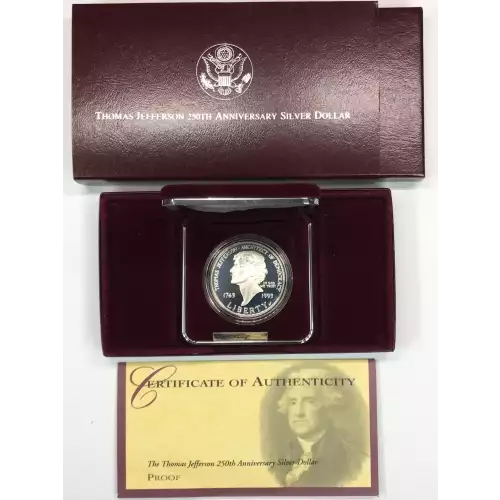 1993-S Thomas Jefferson 250th Anniversary Proof Silver Dollar US Mint Box & COA (5)