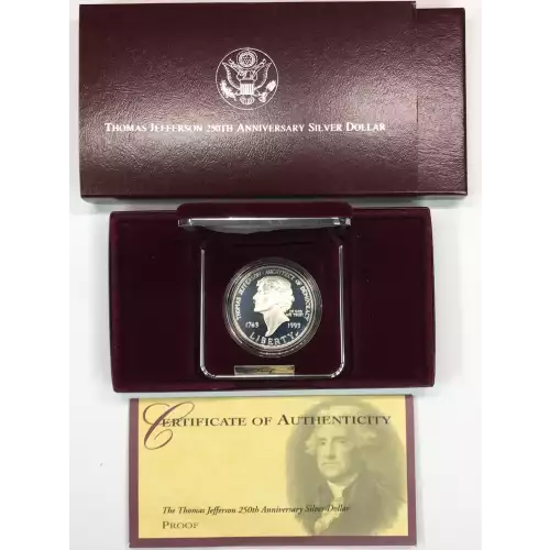1993-S Thomas Jefferson 250th Anniversary Proof Silver Dollar US Mint Box & COA