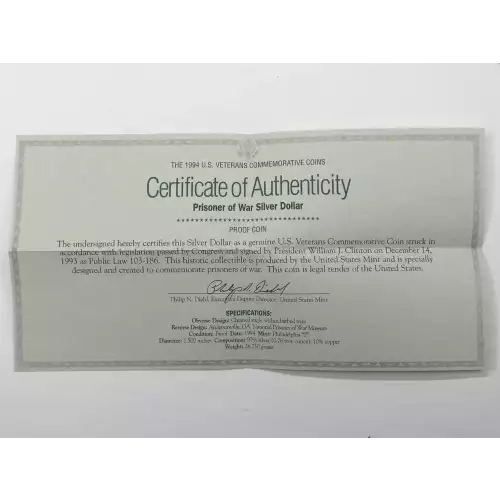 1994-P US Prisoner of War (POW) Museum Proof Silver Dollar US Mint OGP Box & COA