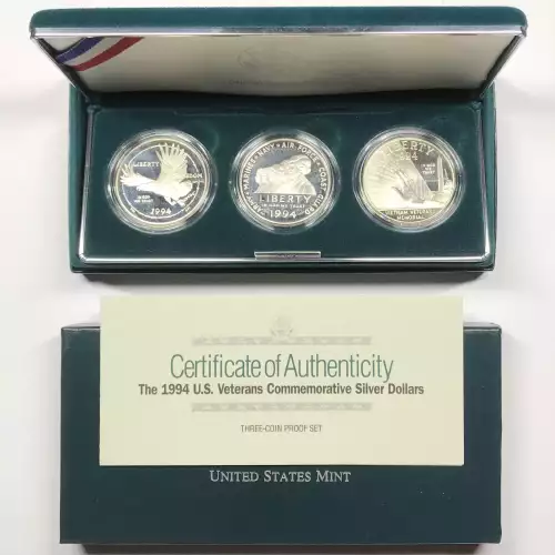 1994 U.S. Veterans - Three Coin Set - Proof - POW, Vietnam & Women in Military Service Silver Dollars - Box & COA