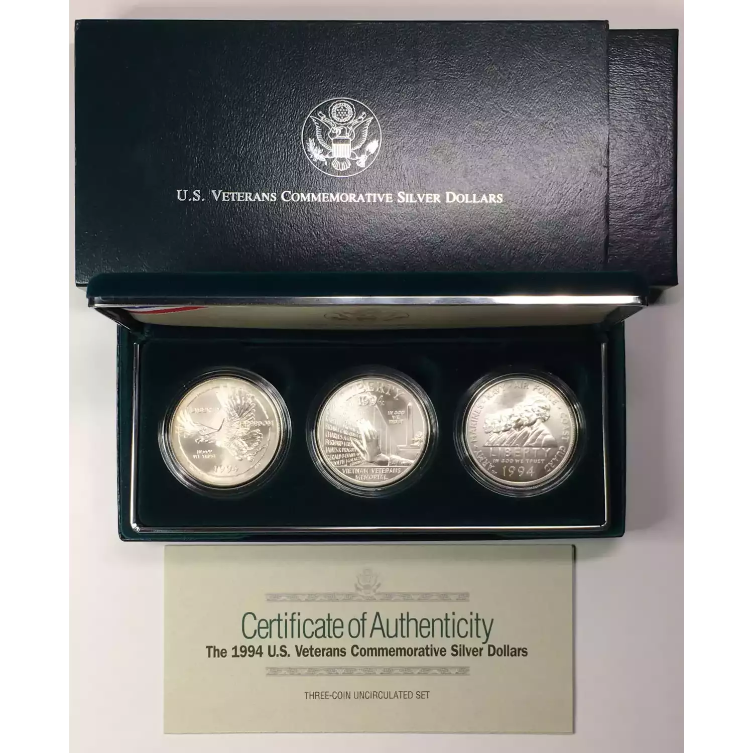 1994 US Veterans 3-Coin Uncirculated Silver Dollar Set w US Mint OGP - Box & COA (6)