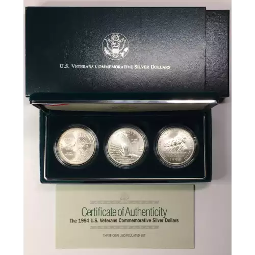 1994 US Veterans 3-Coin Uncirculated Silver Dollar Set w US Mint OGP - Box & COA (6)