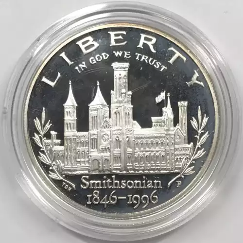1996-P Smithsonian Institution 150th Anniversary Proof Silver Dollar w Box & COA