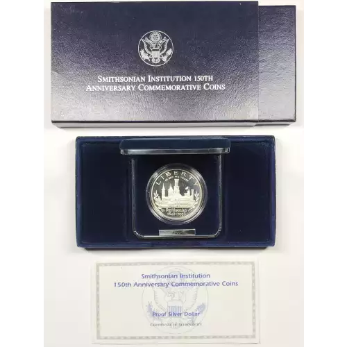 1996-P Smithsonian Institution 150th Anniversary Proof Silver Dollar w Box & COA