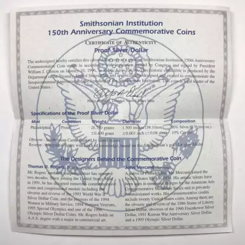 1996-P Smithsonian Institution 150th Anniversary Proof Silver Dollar w Box & COA