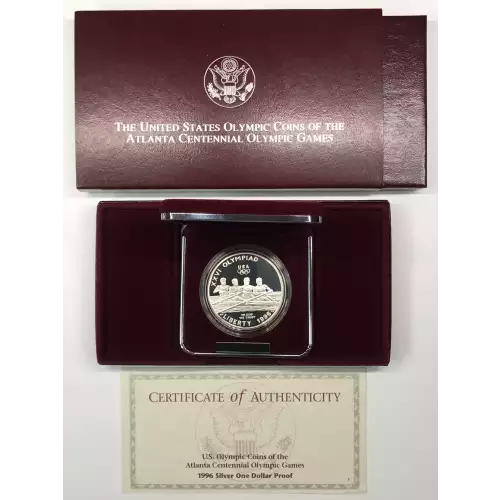 1996-P XXVI Olympiad Rowing Proof Silver Dollar - Box & COA