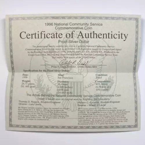 1996-S National Community Service Proof Silver Dollar w US Mint OGP - Box & COA