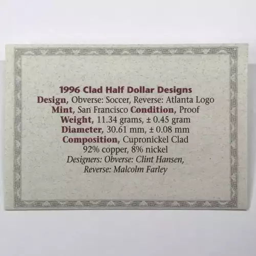 1996-S Olympic Soccer Proof Clad Half Dollar w US Mint OGP - Box & COA (3)