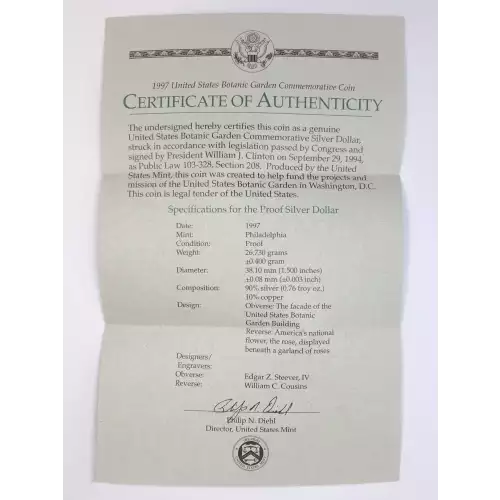 1997-P Botanic Garden Proof Silver Dollar w US Mint OGP - Box & COA