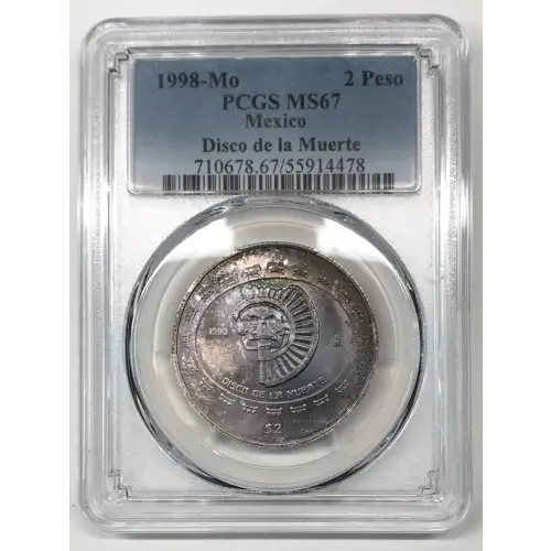 1998-Mo Disco de la Muerte Mexico 1/2 oz Silver 2 Pesos PCGS MS-67