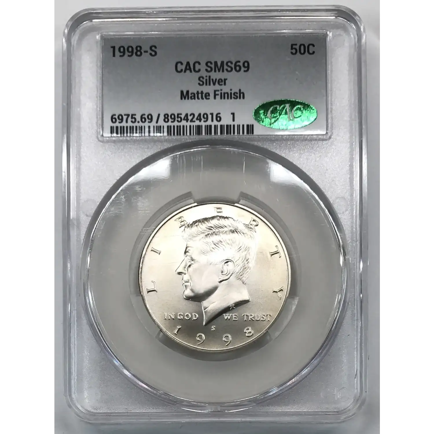 1998-S Silver Kennedy Half Dollar CACG SP 69 SMS Matte Finish CAC