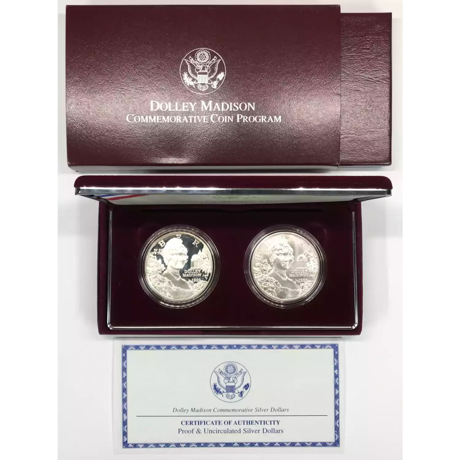 1999 Dolley Madison Two-Coin Proof & Uncirculated Silver Dollar Set US Mint OGP 