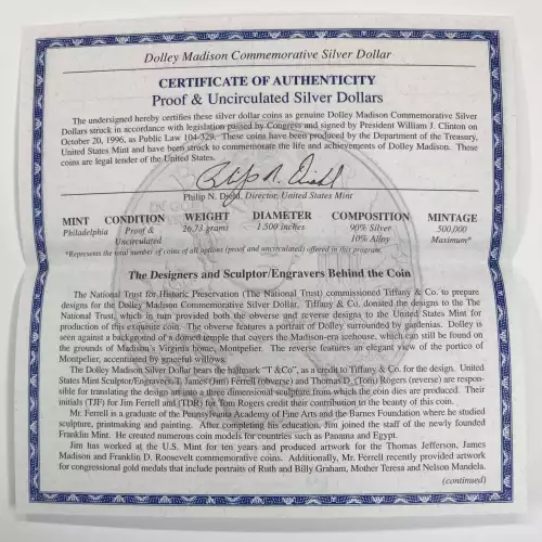 1999 Dolley Madison Two-Coin Proof & Uncirculated Silver Dollar Set US Mint OGP  (6)