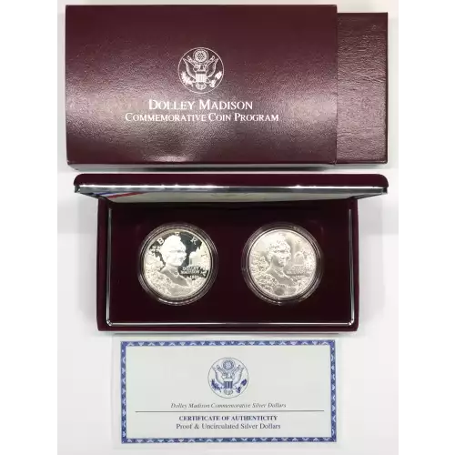 1999 Dolley Madison Two-Coin Proof & Uncirculated Silver Dollar Set US Mint OGP 