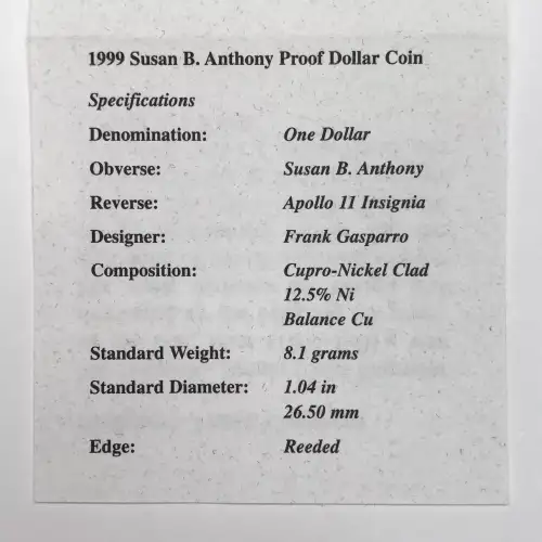 1999-P Proof Susan B Anthony (SBA) Dollar w US Mint OGP - Case & COA (7)