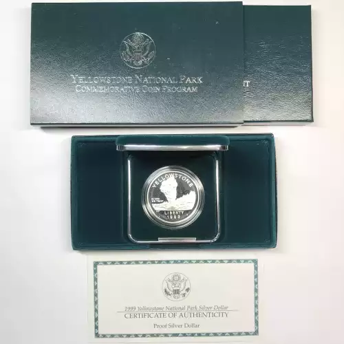 1999-P Yellowstone National Park Proof Silver Dollar w US Mint OGP - Box & COA