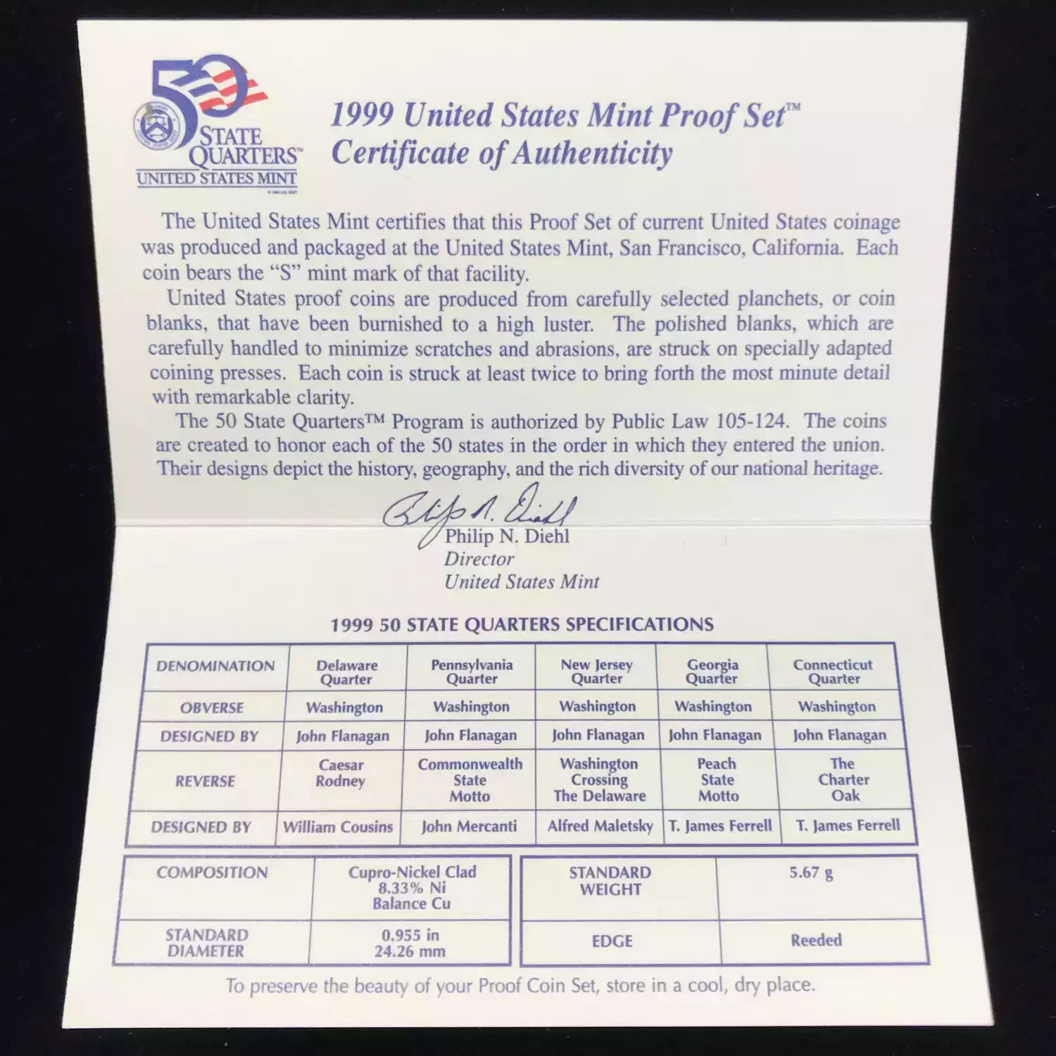 1999-S Clad State Quarters Proof Set w US Mint OGP - Box & COA