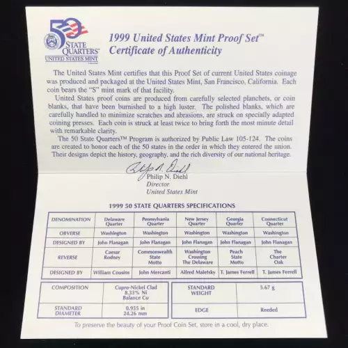 1999-S Clad State Quarters Proof Set w US Mint OGP - Box & COA