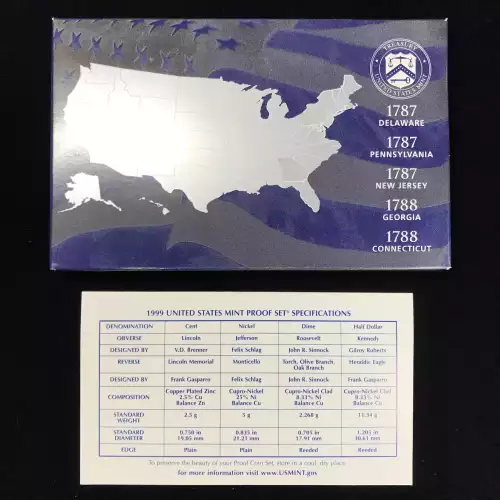 1999-S Clad State Quarters Proof Set w US Mint OGP - Box & COA
