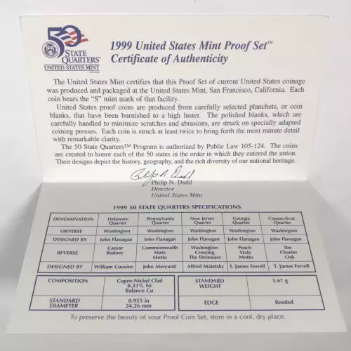 1999 US Mint Proof Set w OGP - Box & COA