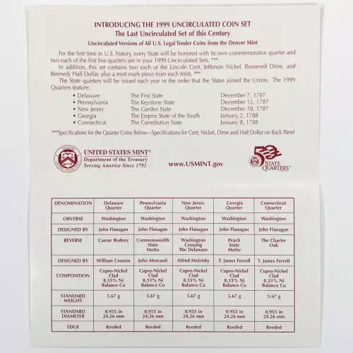 1999 US Mint Uncirculated Coin Set - P & D (8)