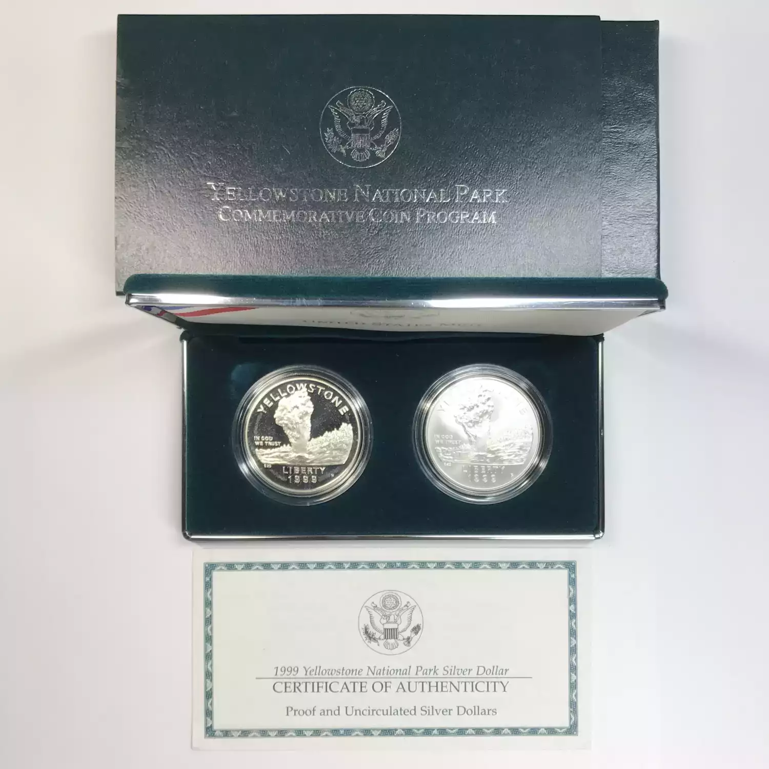1999 Yellowstone Two-Coin Proof & Uncirculated Silver Dollar Set US Mint OGP 