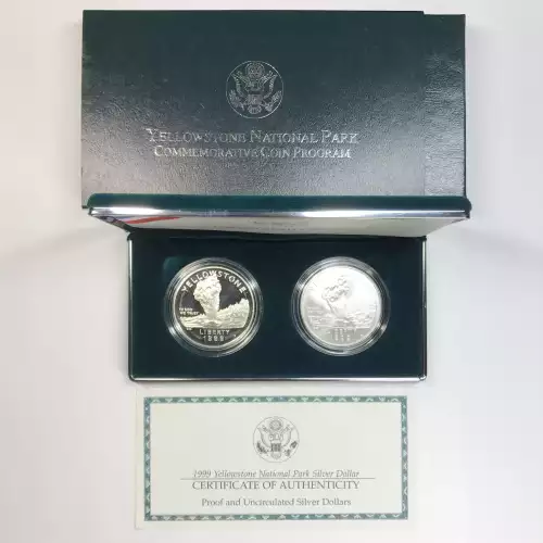 1999 Yellowstone Two-Coin Proof & Uncirculated Silver Dollar Set US Mint OGP 