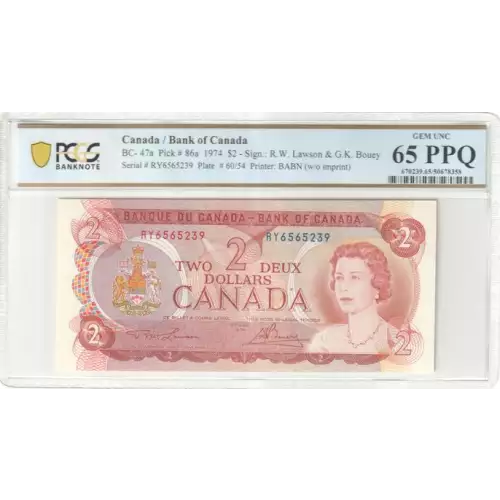 2 Dollars 1974, 1969-1975 Issue a. Signature Lawson-Bouey Bank of Canada 86 (2)