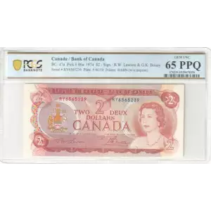 2 Dollars 1974, 1969-1975 Issue a. Signature Lawson-Bouey Bank of Canada 86 (2)