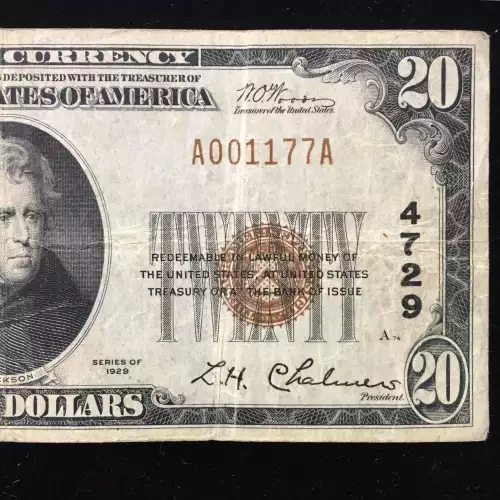 $20 1929 small brown seal. Small National Bank Notes 1802-1 (4)
