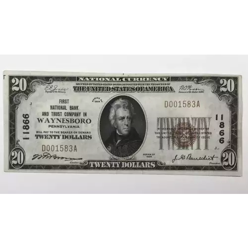 $20 1929 small brown seal. Small National Bank Notes 1802-1