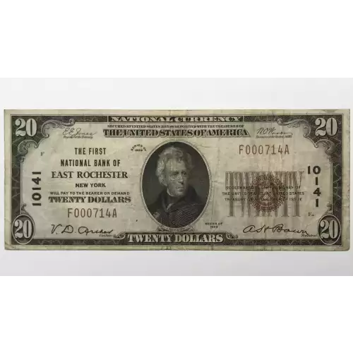 $20 1929 small brown seal. Small National Bank Notes 1802-1