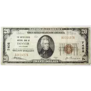 $20 1929 small brown seal. Small National Bank Notes 1802-1