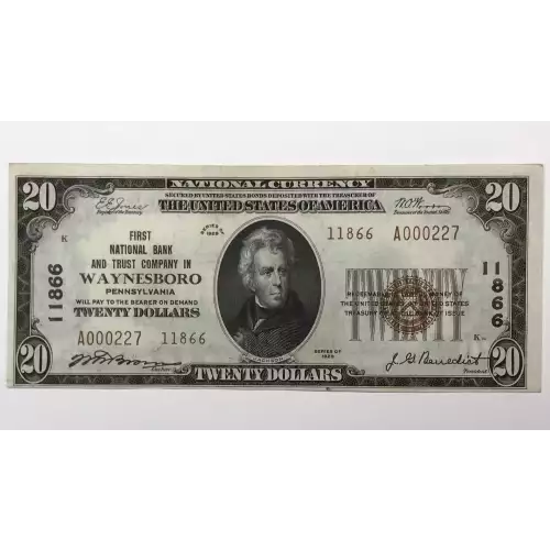 $20 1929 small brown seal. Small National Bank Notes 1802-2