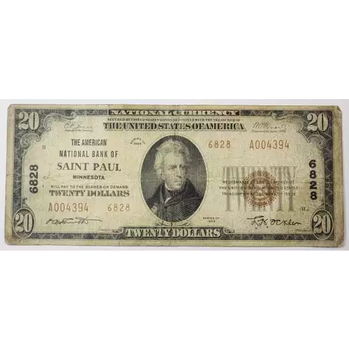 $20 1929 small brown seal. Small National Bank Notes 1802-2