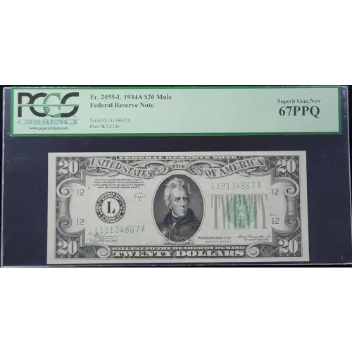 $20 1934-A. blue-Green seal. Small Size $20 Federal Reserve Notes 2055-L