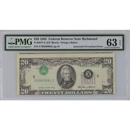 $20 1985 blue-Green seal. Small Size $20 Federal Reserve Notes 2075-E
