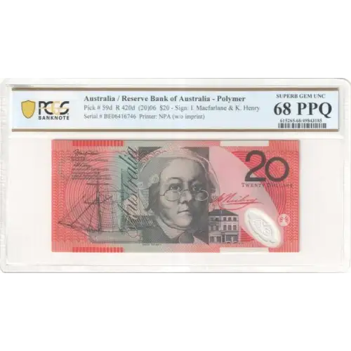20 Dollars (20)02-03; (20)05-10, 2002-2009 Issue d. (20)06. Signature I. Macfarlane and K. Henry Australia 59 (2)