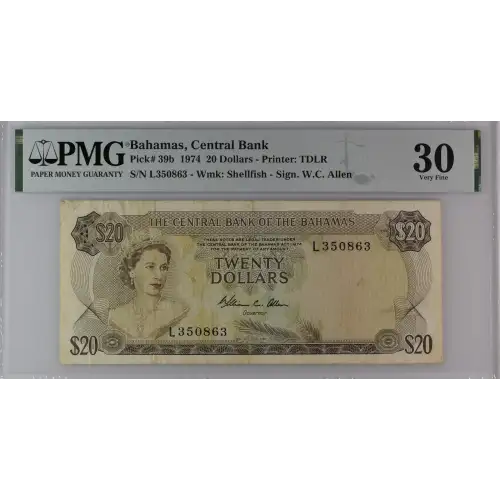 20 Dollars L.1974, 1974 Central Bank Act b. Signature W. C. Allen Bahamas 39 (2)