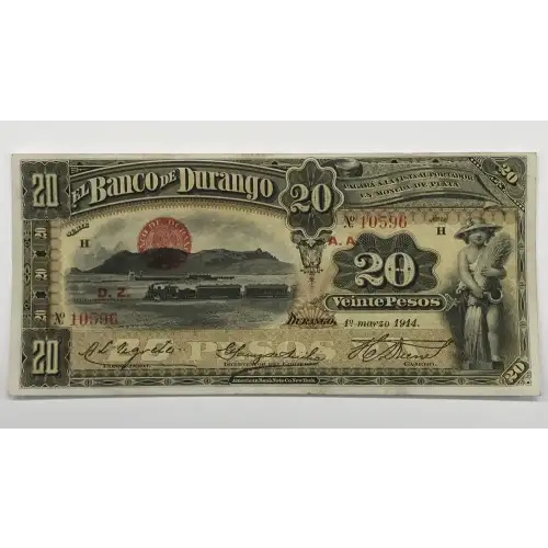 20 Pesos 1891-1914, 1891 ISSUE c. Series H. 1.3.1914; J, March 1914. (BK-DUR-27). Mexico S275