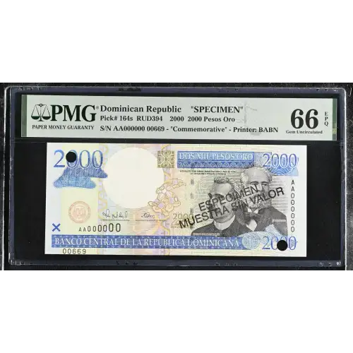 2000 Nouveaux Francs 2000, 2000 Issue s. Specimen. Overprint in black: ESPECIMEN/MUESTRA SIN VALOR in two lines once on each side. Punch hole cancelled Dominican Republic 164 (2)