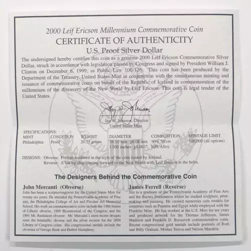 2000-P Leif Ericson Millennium Proof Silver Dollar US Mint OGP - Box & COA (3)
