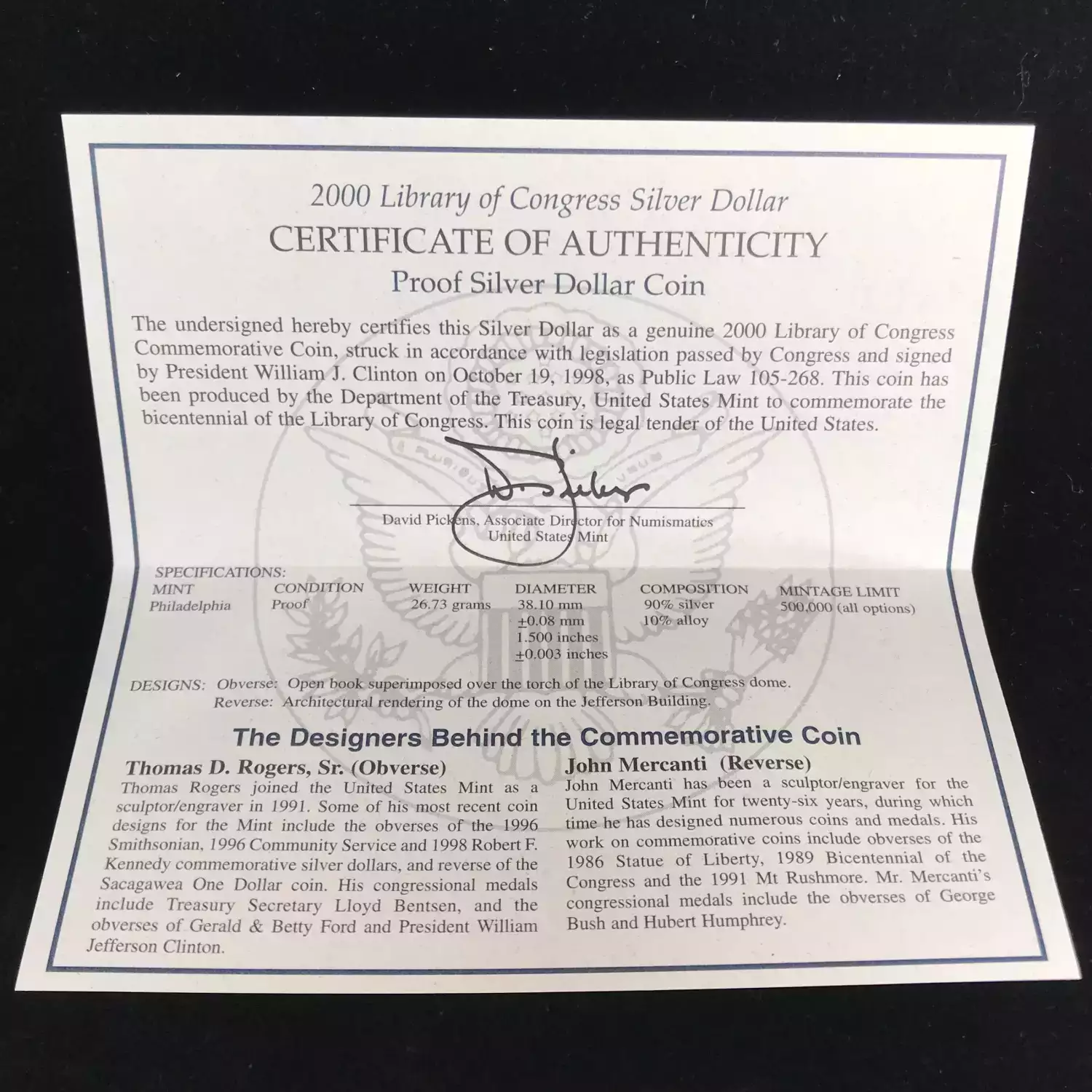 2000-P Library of Congress Bicentennial Proof Silver Dollar w US Mint Box & COA