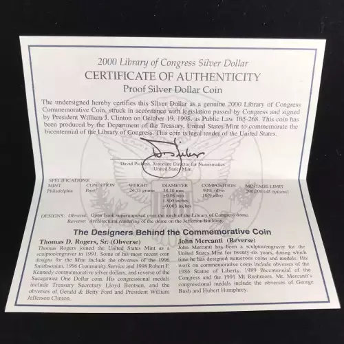 2000-P Library of Congress Bicentennial Proof Silver Dollar w US Mint Box & COA
